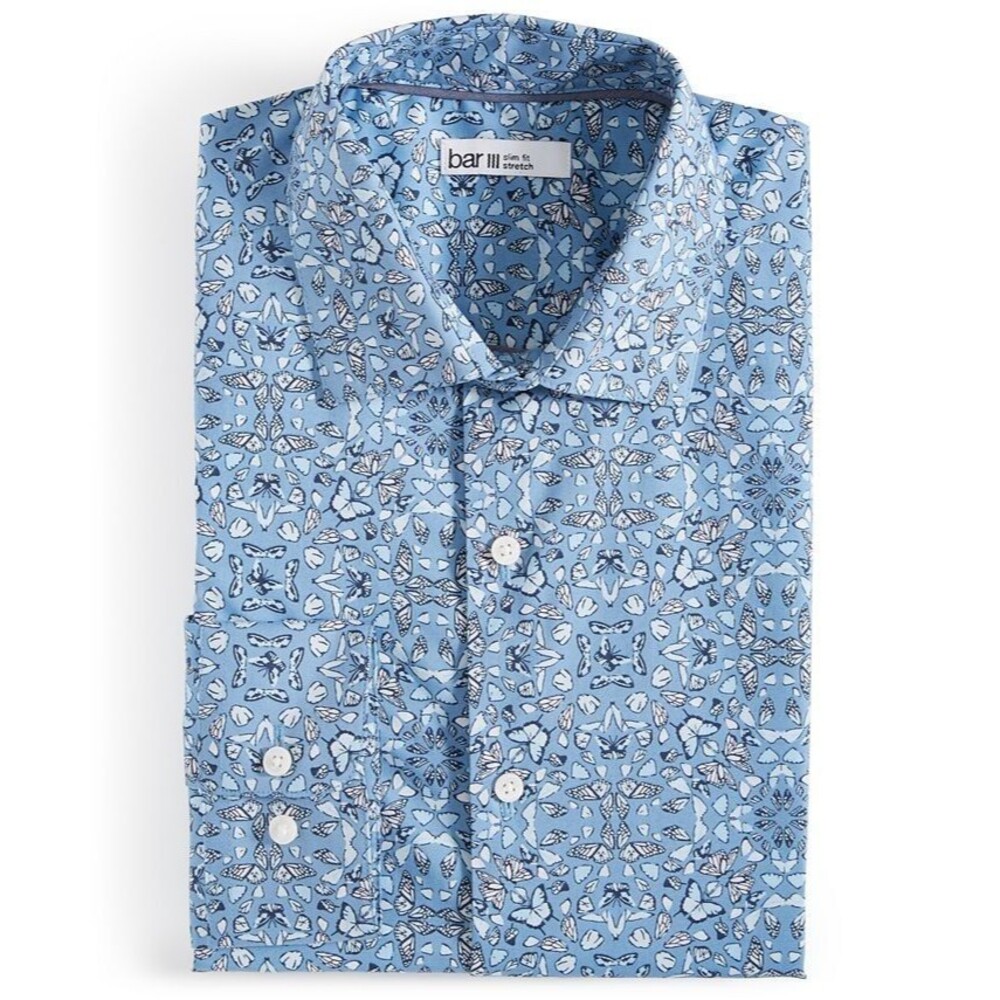 Bar III Men's Slim-Fit Stretch Butterfly Pattern Dress Shirt Blue Small 14-14.5
